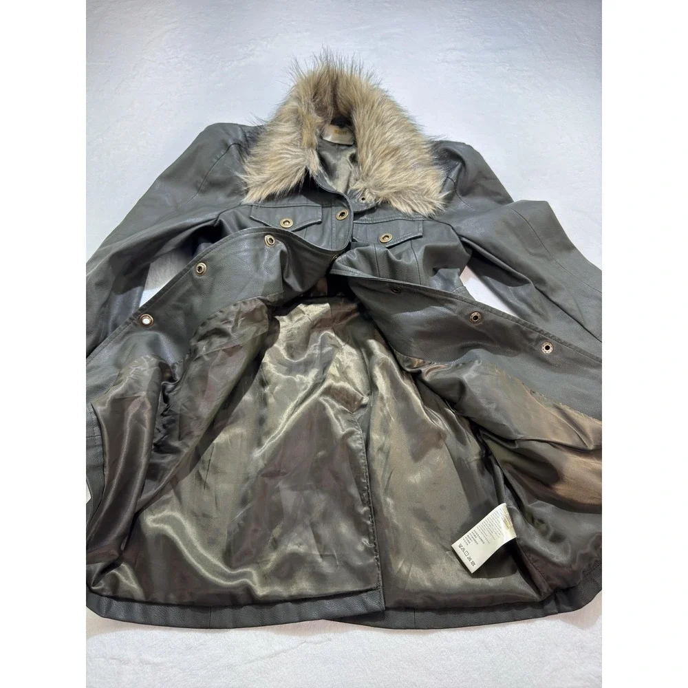Maeve By Anthropologie Coat Womens Large Gray Faux Leather Fur Collar Winter - Picture 6 of 10